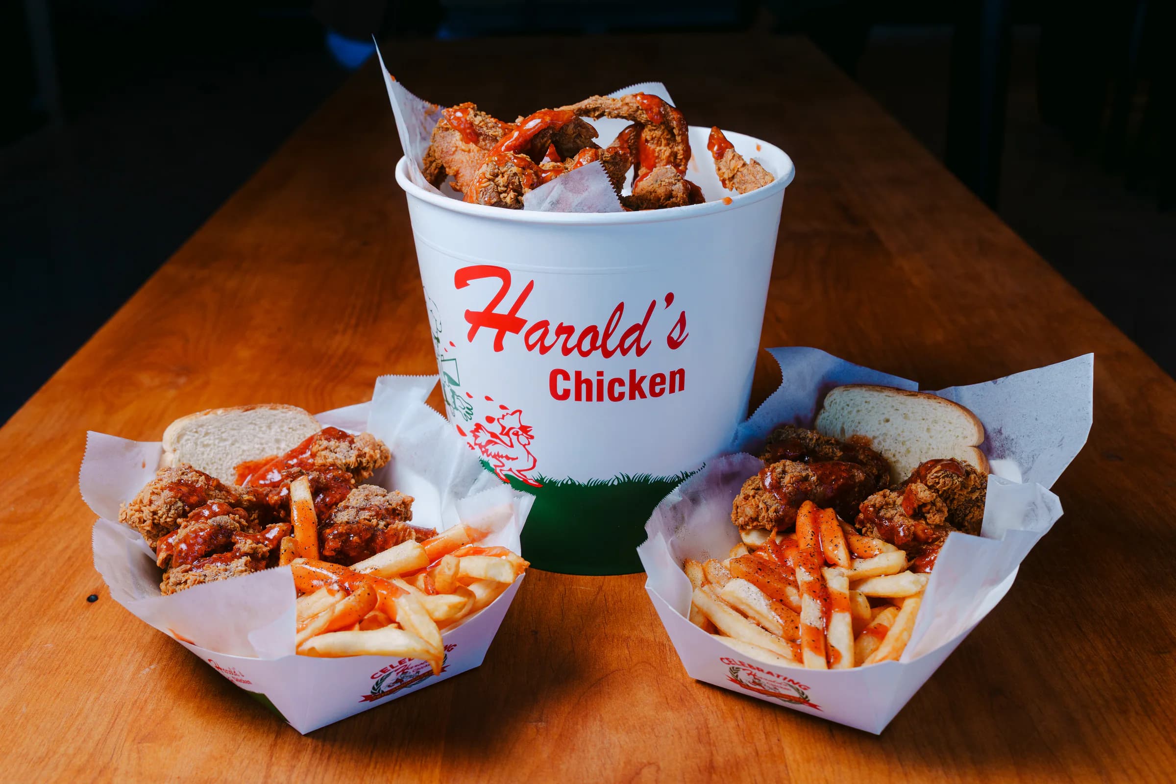 Harold's signature chicken bucket with wings and fries